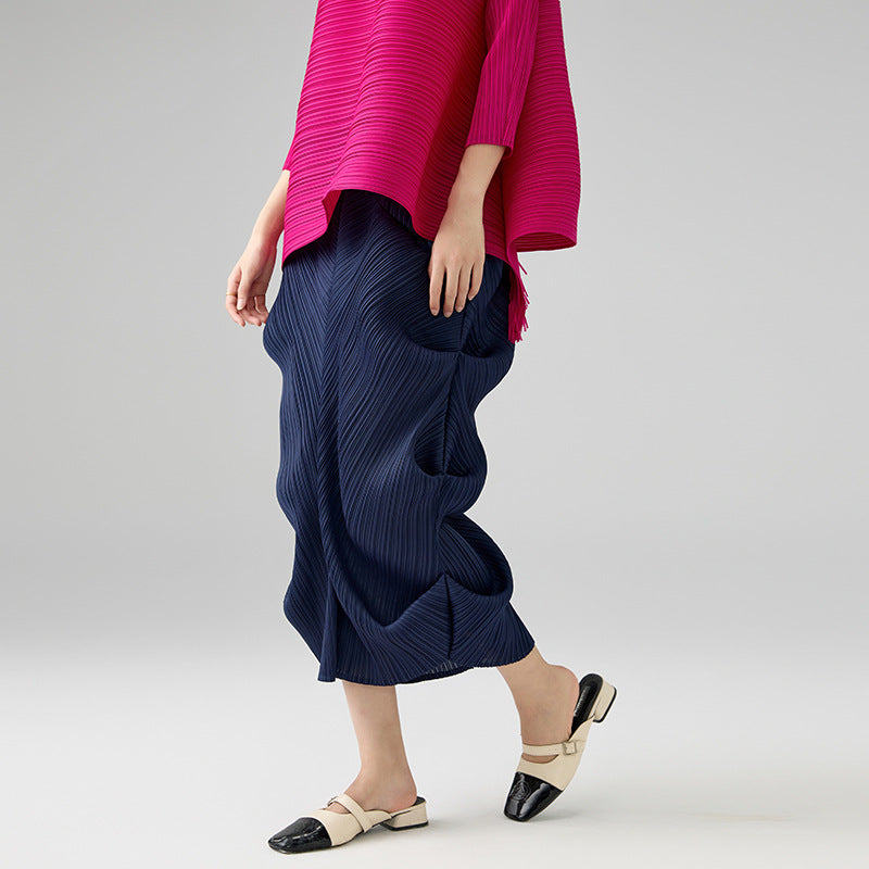 New Women's Elegant Niche Design Pleated A-line Skirt Summer Fashion Irregular Elastic Wiast Loose Skirts