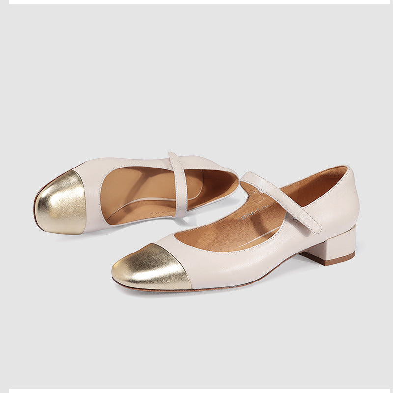 Women Luxury Brand Natural Leather Pumps Mix-color Strap Buckle Mary Jane Block High-Heels Shoes Lady Office Party
