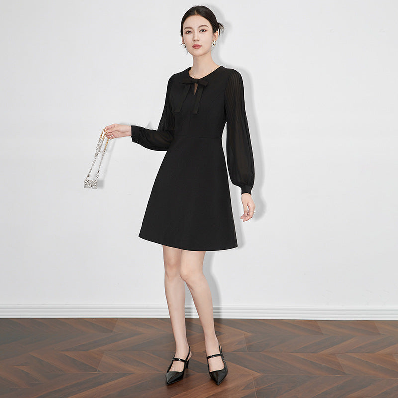 Silk Summer Pure Color plus Size Women's Dress Elastic Double Gauze Real Silk Dress round Neck Knee-Length Loose Waist