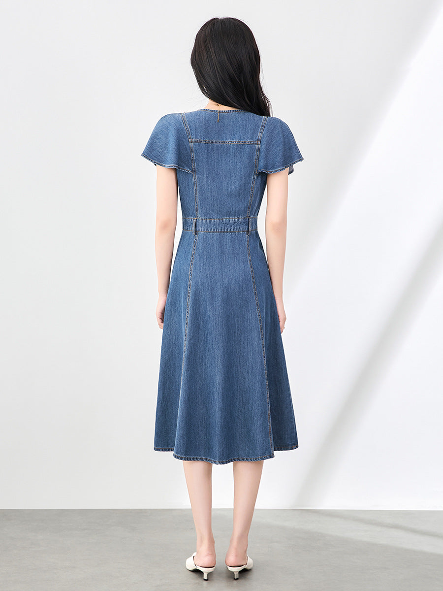 Women's Denim Dr Slimming Casual A-Line Skirt Mid-Length Svel Flng Sve Waist-Cinching Faionable