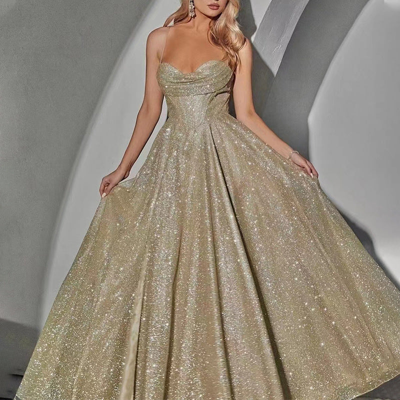 Ele Sexy Evening Dr Women's Svel Strapl Gold Sprinkled Sexy Susp Gown Long Evening Gown for Parties