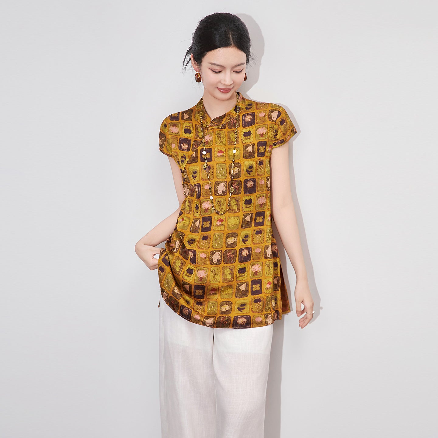 Summer Fashion Women's Blouse New Chinese Style Vintage Print Rayon Xiangyunsha Fabric Short Sleeve Elegant Top