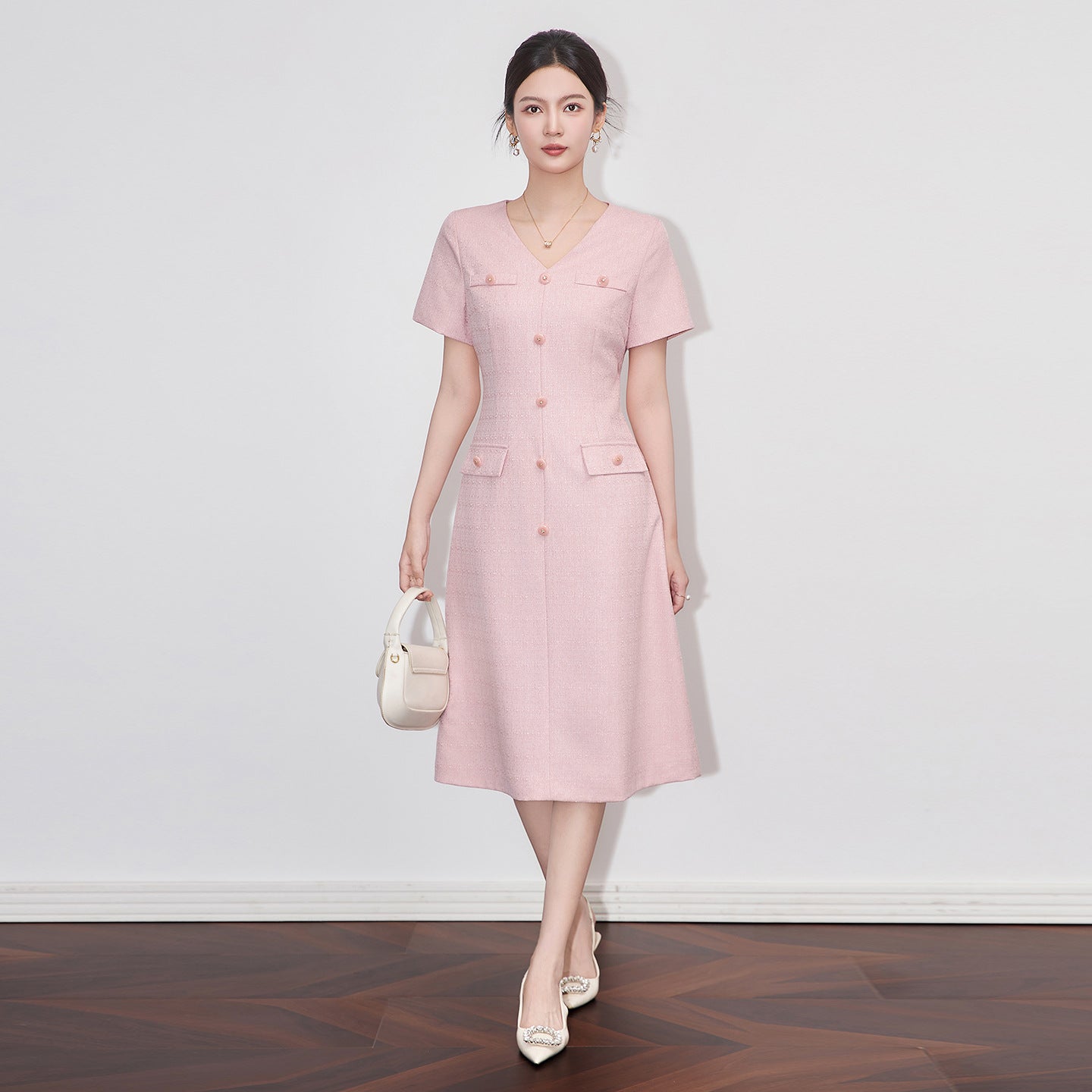Small Fragrance Style Dress For Women V-neck Short Sleeve Solid Color Patchwork Slimming Female Dresses