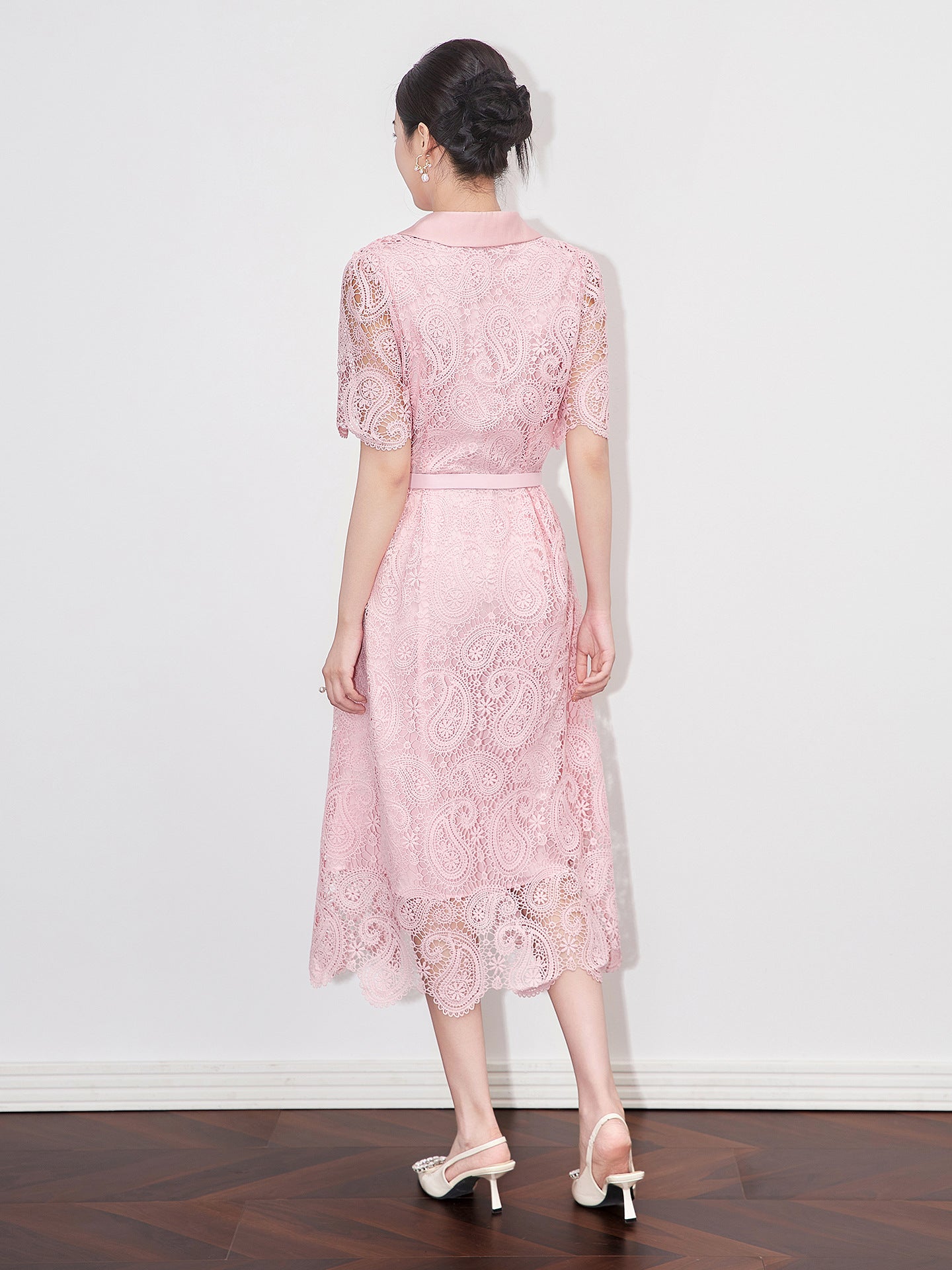 Elegant Commuter Lace Dress Doll Collar Short Sleeve Single Breasted High Waist Belt Slim A-line Long Dress Women Summer