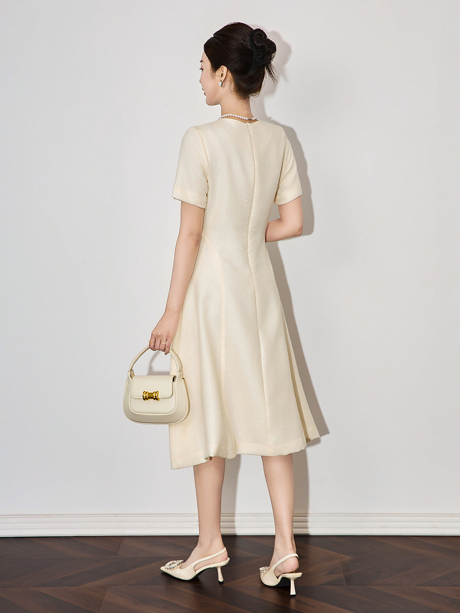 Petite Elegant Mountain Tea Pressed Flower Twill Fabric With Butterfly Chest Pin Waist-Fitted Slimming A- Line Dress