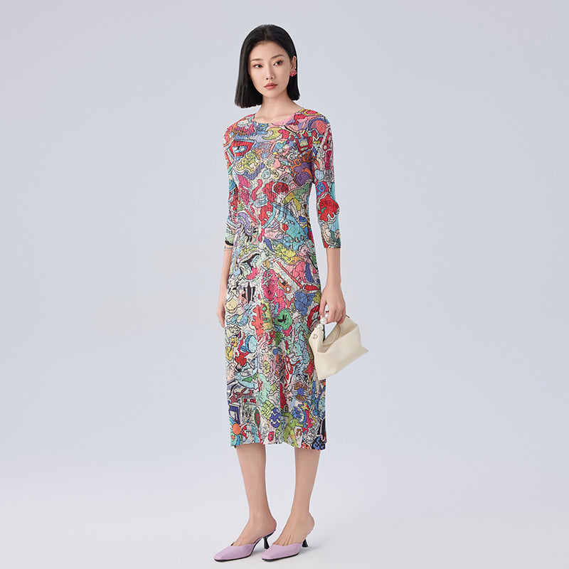 New Spring Print Pleated Skirt/Holiday Party Temperament Loose Bat S Sleeve Dress