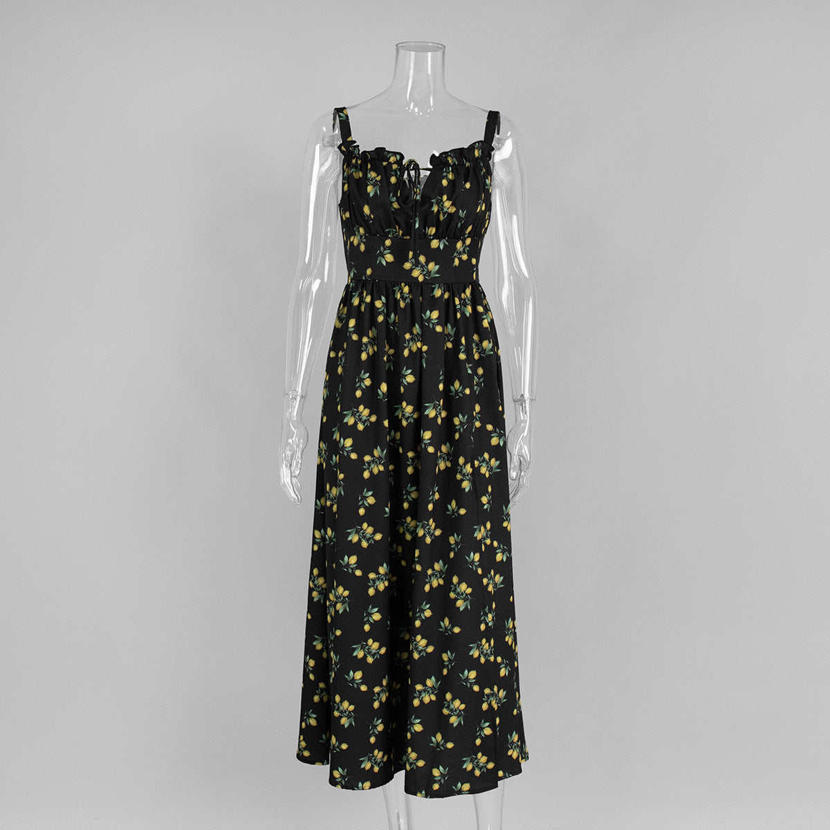 Printed Suspender Dress For Women Cotton Sexy Slit High Waist Long Dress Elegant Lace Up Summer Female Vacation Dress