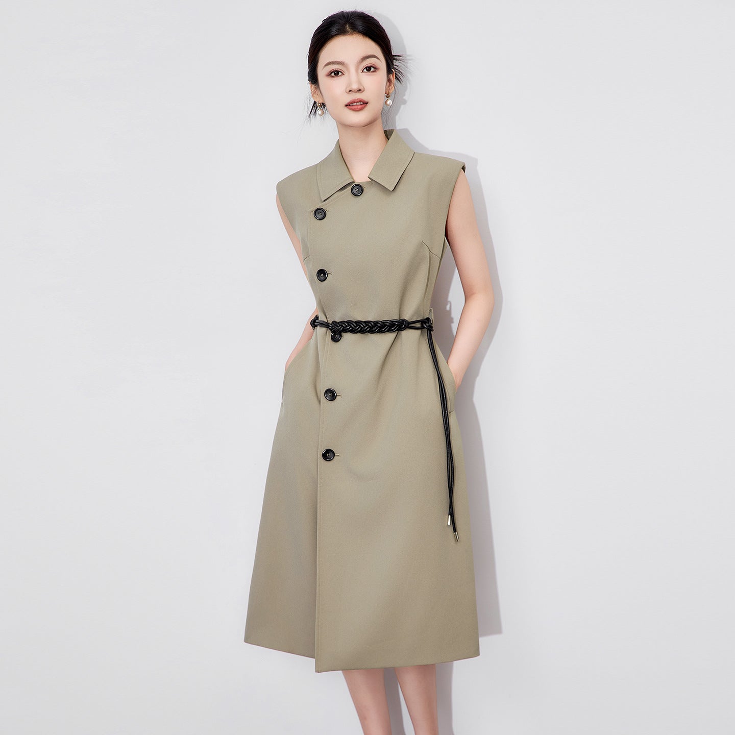 Spring Summer New Arrival Women's Dr Slimming Waist High Waist A-Line Skirt Sle Double Button No-Sve Suit Collar Dr