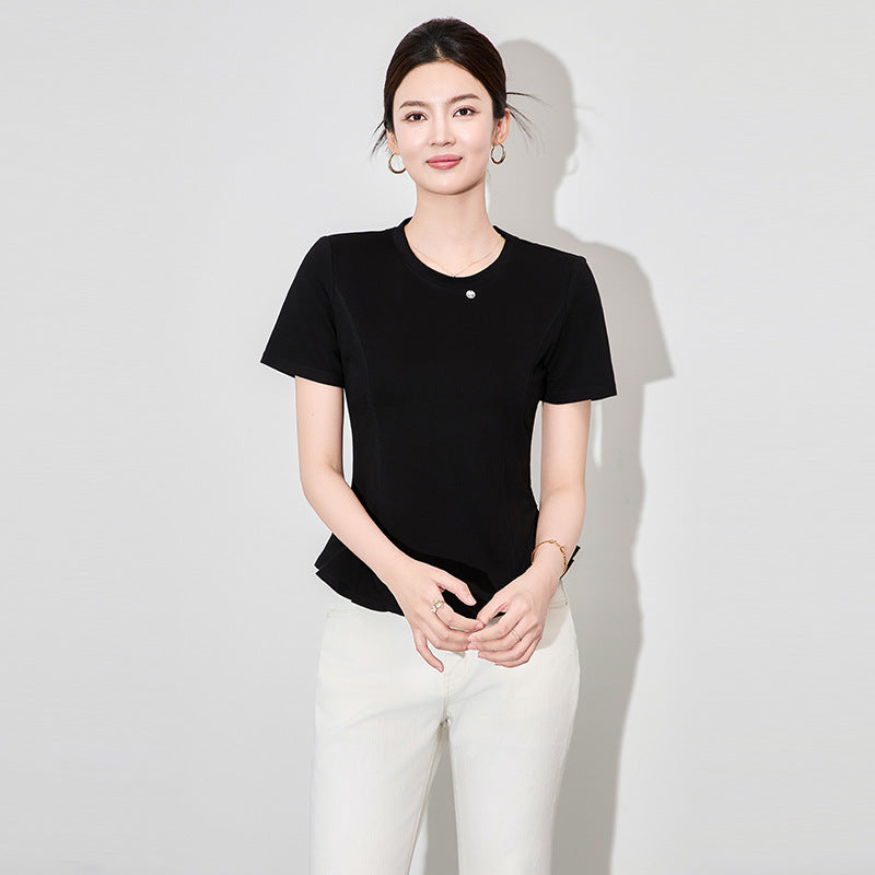 New Women's T-shirt Short-sleeved Solid Color Trimming O-neck Women T shirt for Female Woman Tops Tees Tshirt