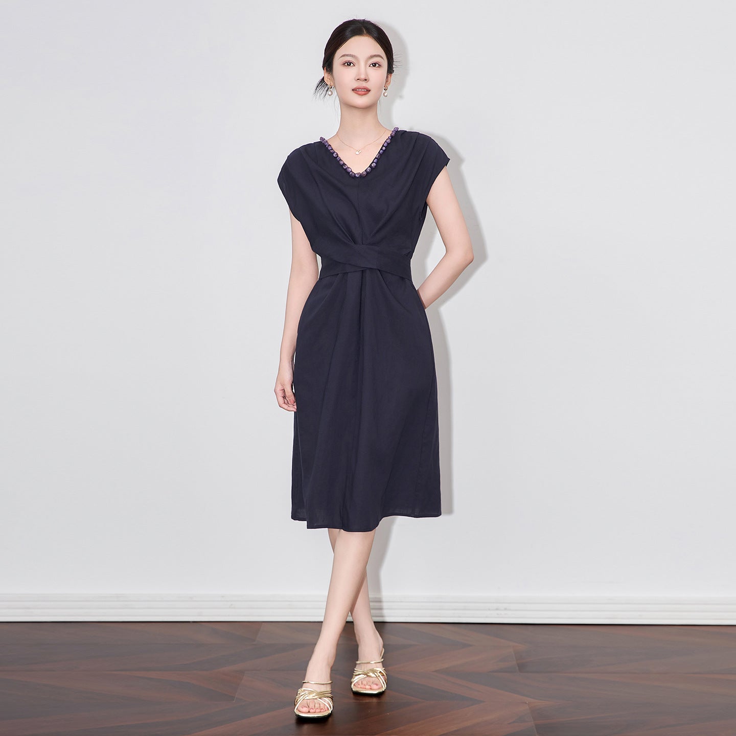 Simple Dress New Solid Color Short-sleeved Round Neck Tie High Waist A-line Skirt