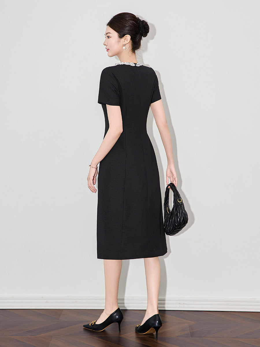 Elegant O Neck Beading Simple Dresses for Women Summer Short Sleeve Solid Green Black Office Lady Work Dress Midi Vestidos
