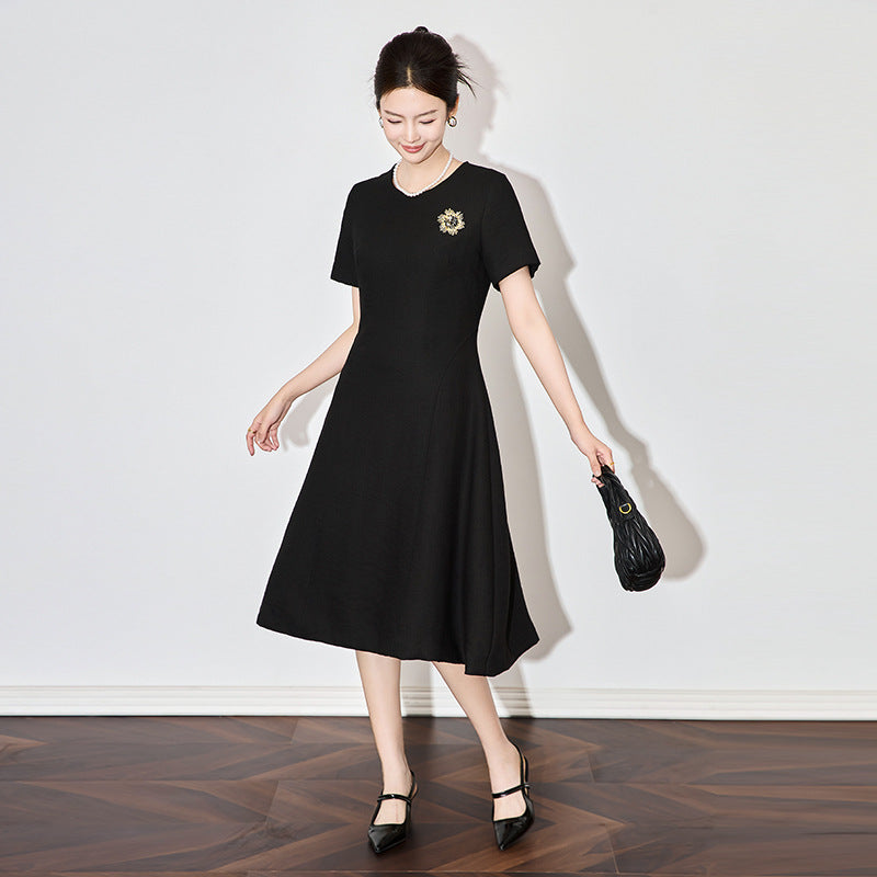 Petite Elegant Mountain Tea Pressed Flower Twill Fabric With Butterfly Chest Pin Waist-Fitted Slimming A- Line Dress