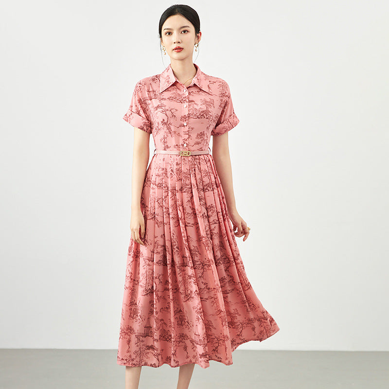 Elegant Floral Print Cotton Linen Long Dress Slimming Vintage Summer New Style Women's Fashion Dress Princess Sleeve Polo Neck