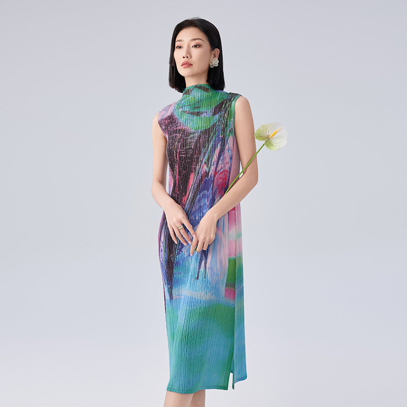 Elegant Resort Style Vest Dresses Fashion Models Printed Pleated Sleeveless Lace Up Design Women's Long Dresses