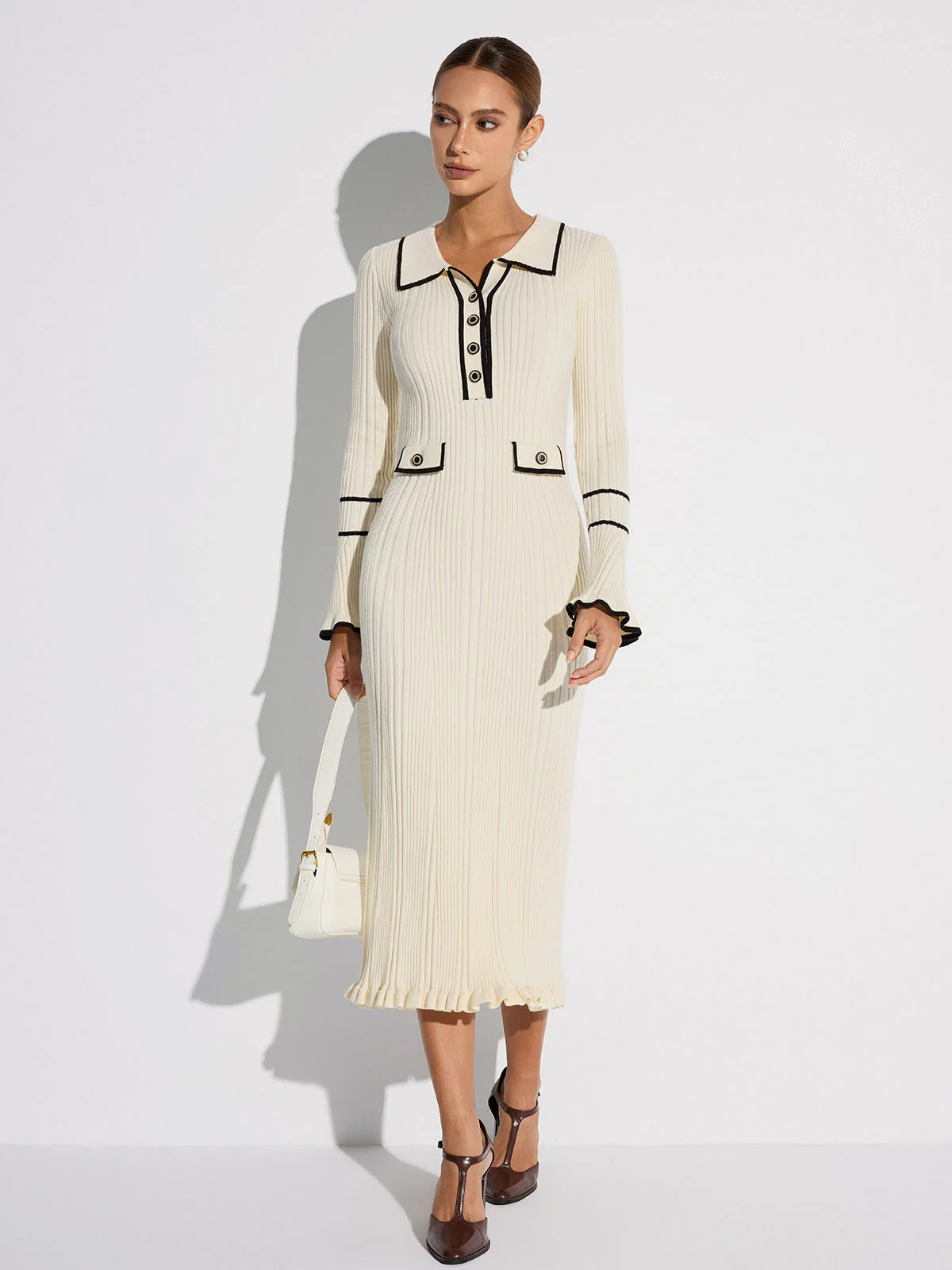 Autumn Winter Elegant Knitted Long Ruffles Dresses High Waist Turn-down Collar Knitwear Sweater Dresses Female