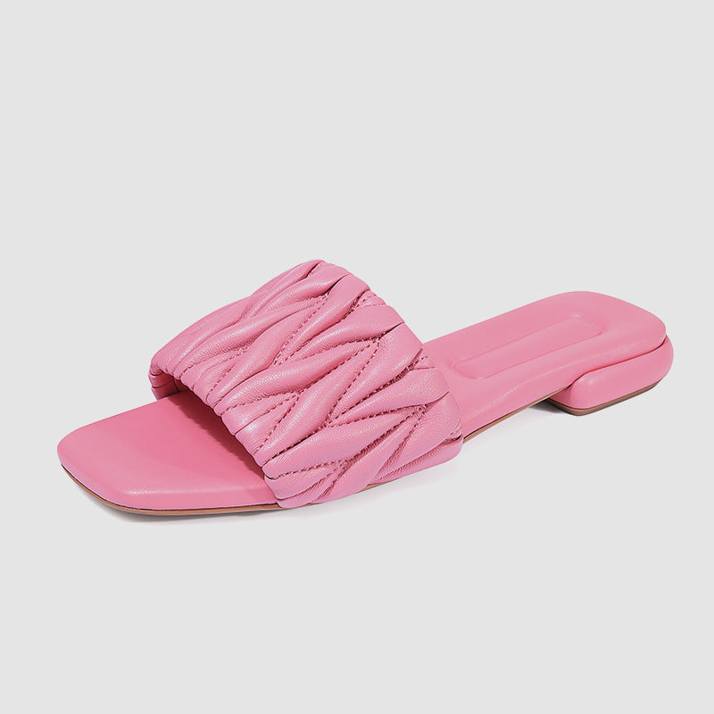 Fashion Solid Genuine Leather Open Toe Slippers Comfortable Non-slip Women's Low Heel Sandals