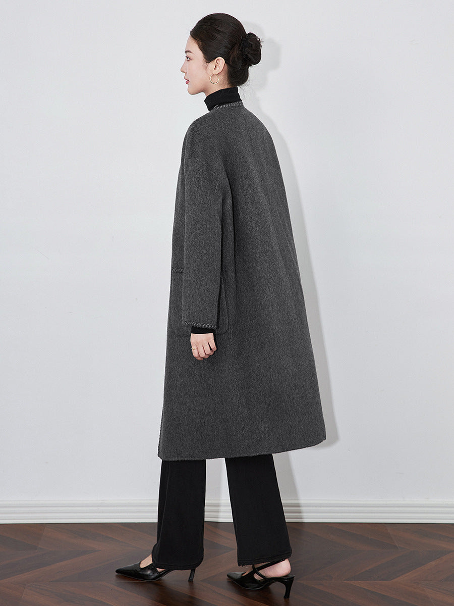 Streetwear Coat Women Double-sided Wool Overcoat Autumn Winter X-long Woolen Coats O-neck Scarf Thicken Loose Jackets