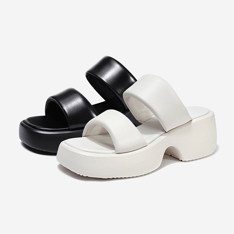 Genuine Leather Slippers Women Soft Sheepskin Upper and Lining Summer Platform Open Toe Lightweight Handmade Ladies Shoe