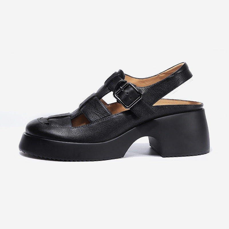 Women Genuine Cow Leather Round Toe Weave Solid Color Metal Buckle Strap Female Flat Shoes