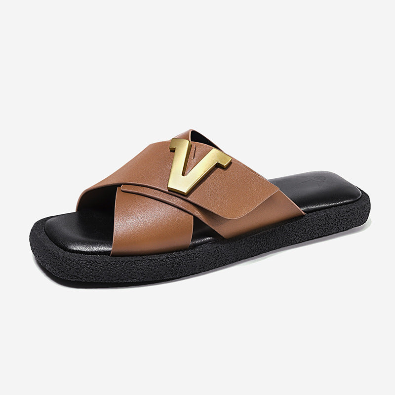 Summer Slippers Womens Lightweight Anti-Slip Genuine Leather Cross Strap Printed PLetter Style Casual Shoes