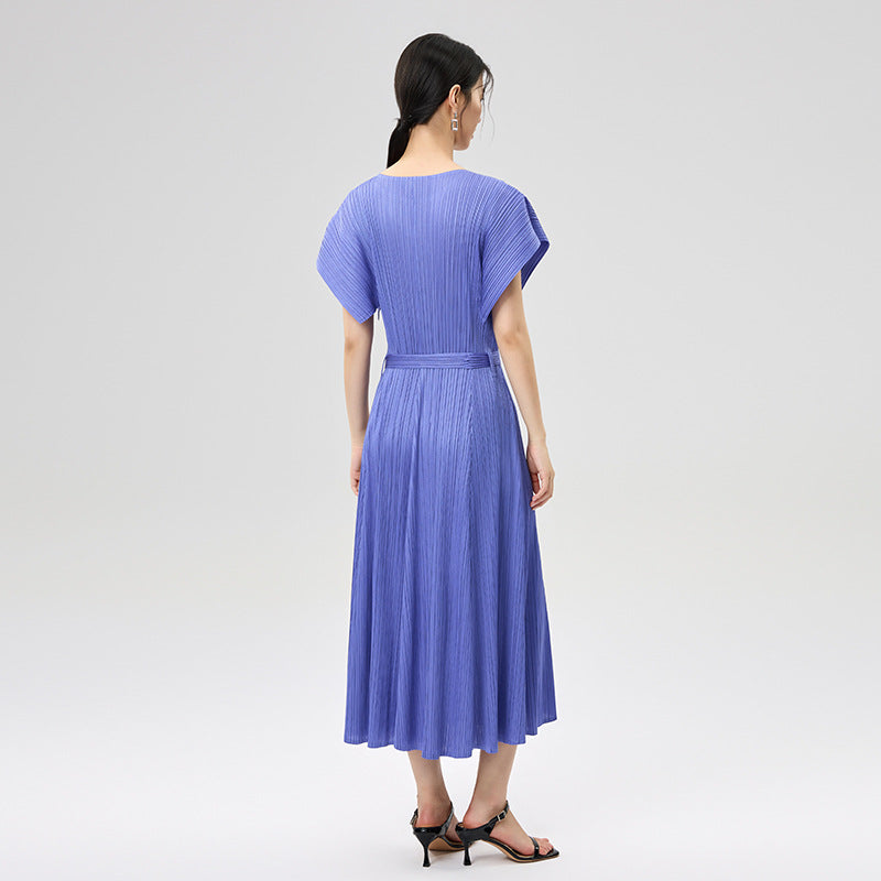 New Short Sleeve Round Neck French Lace Fold Dress For Women Elegant Elastic Long Dresses