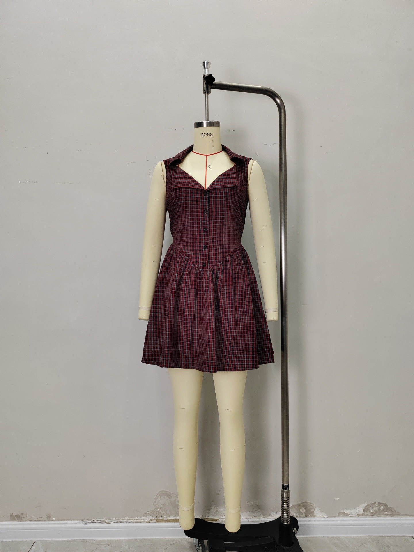 Check Slimming Dresses for Women Lapel Sleeveless High Waist Temperament Mini Dress