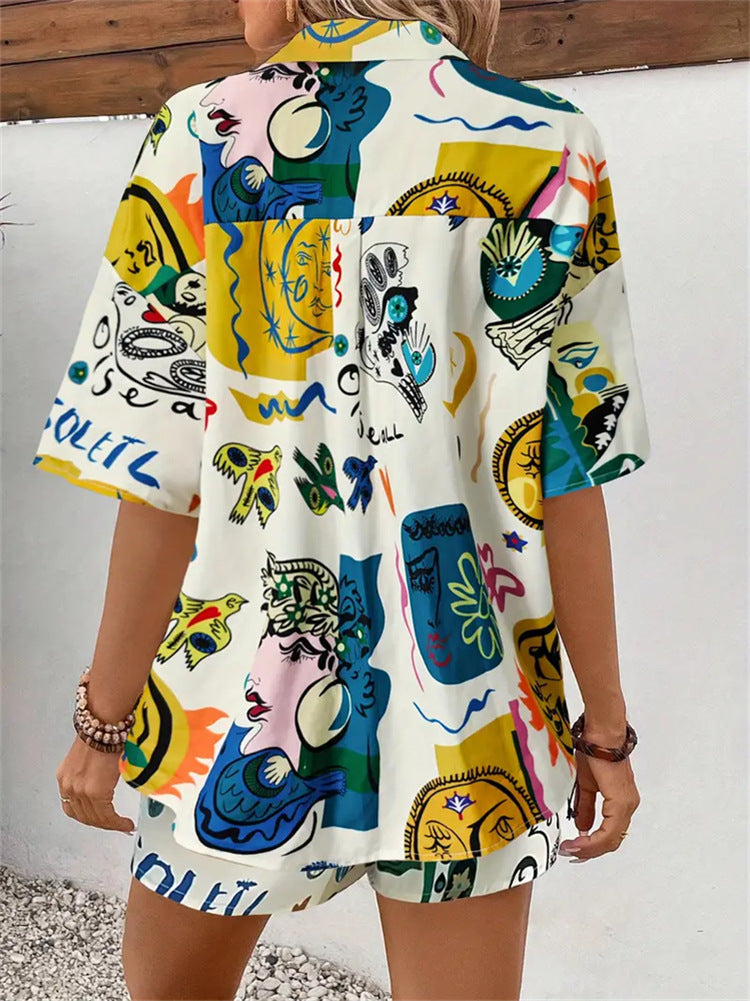 Graffiti Printed T-shirt Shorts Set For Women