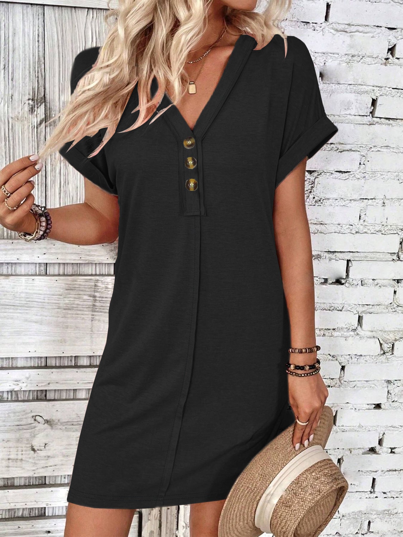 For Women Casual Trend Short Sleeve Mini Dress New Summer Fashion Solid V Neck Button Down Beach Party Dresses Femme Robe