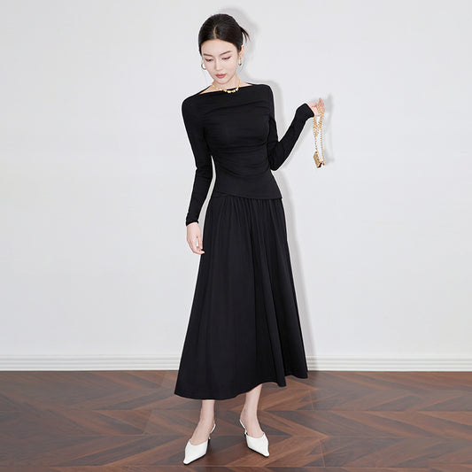 2Pcs Women's Long Sleeve Top+Half Skirt Two Piece Set Fashion Vintage Elegant French One Shoulder Clothes Dress Outfits