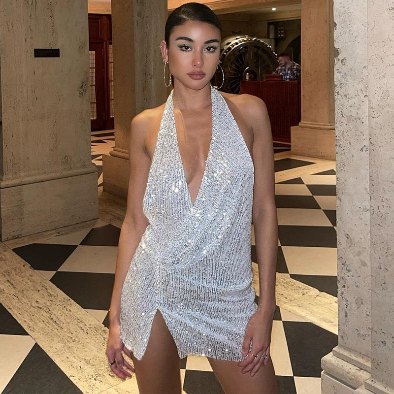 Sexy Sparkling Sequins Deep V Slim Bodycon Mini Dress Women Sleeveless Backless Skinny Dress Evening Club Party Vestidos
