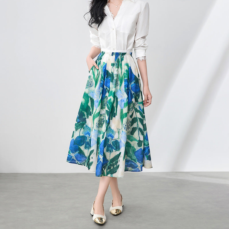 French-inspired Printed Tencel Linen Skirt Women Summer 2025 New Resort Full Flare Vacation Midi