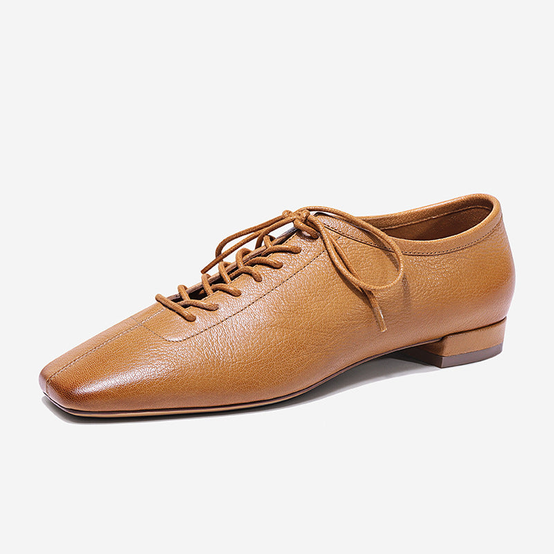 Genuine Leather Lace-up Women Heels Shoes Square Toe Comfortable Fashion Casual Low Heel Shoes Four Seasons Shoes