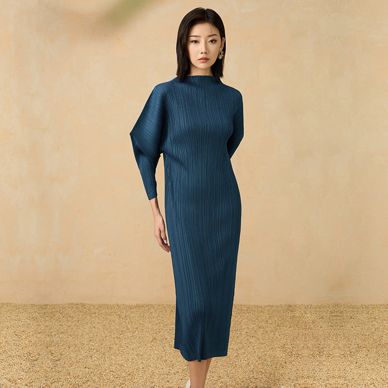 Woman Pleated Midi Dress Half High Collar Batwing Sleeve Elastic Waist Causal Style Elegant
