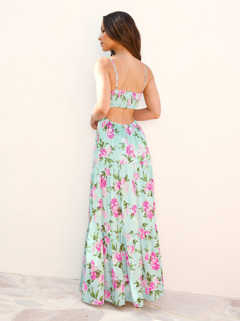 Flower Print Hollow Suspender Long Dress Fashion Women Off Shoulder Pleated Bohemian Dress Vacation Backless Summer Casual Dress