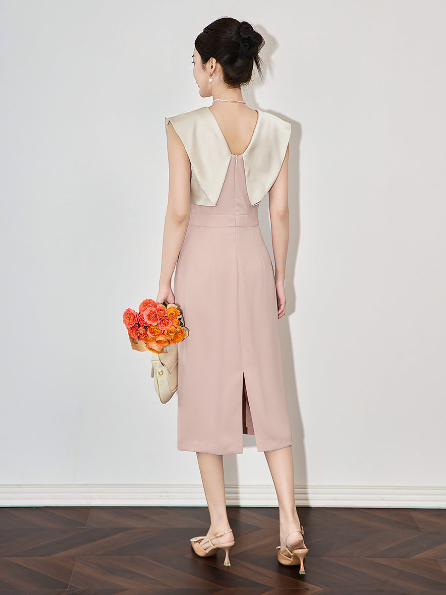 French Style Dress for Women V-neck Sleeveless Contrast Color Patchwork Hem Slit Female Dresses