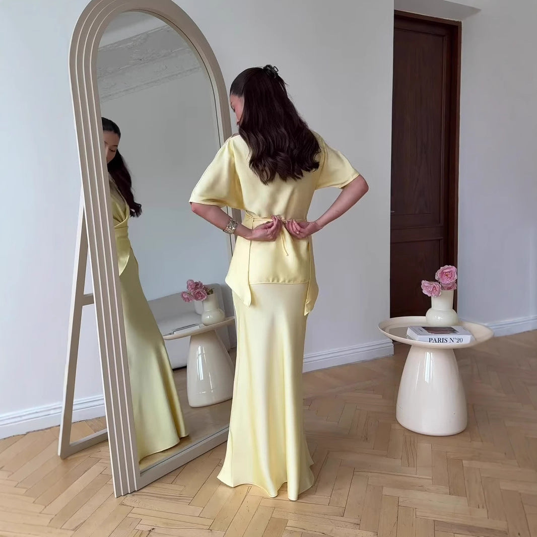 Pleated Solid Women Dresses Hip Package High Waist Lady Maxi Dress 2025 Fashion Summer O Neck Half Sleeve Female Vestidos