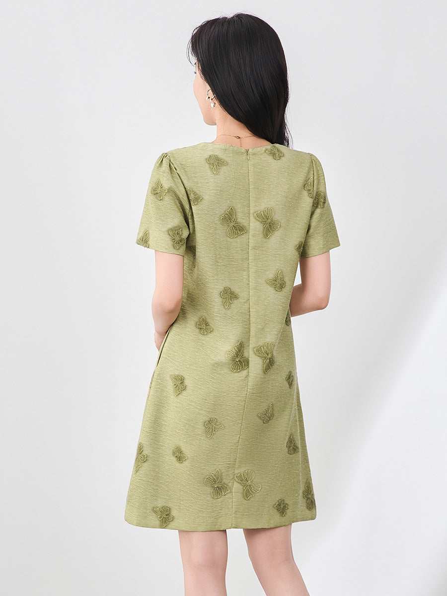 New Premium Tencel Linen Dress Butterfly Embroidery Ombre Dye French Elegant A-Line Slimming Resort Chic