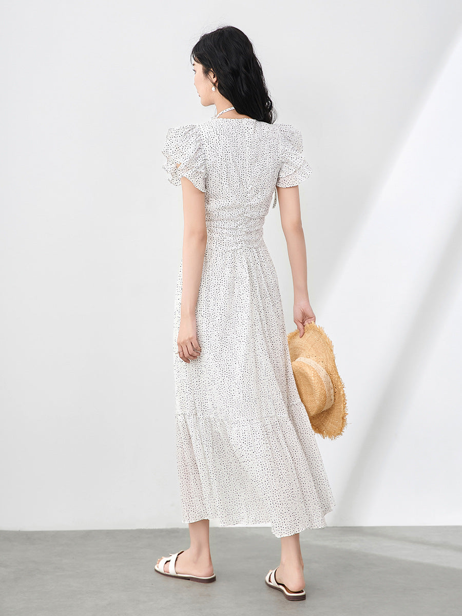 New French Inspired V Neck Polka Dot Romantic Flutter Sleeves Cinched Waist Retro Long Dress for Women Summer