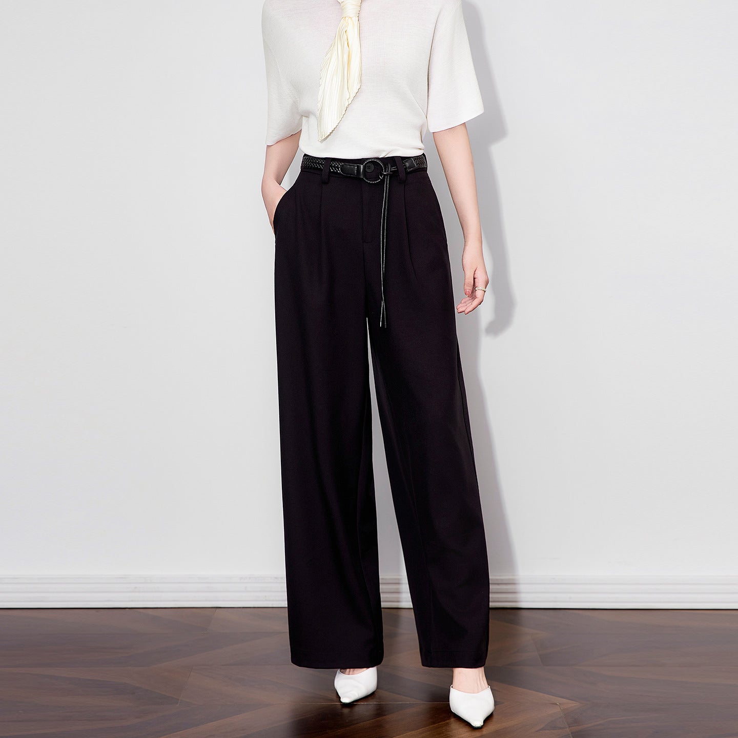 Women Casual Pants 2025 Spring New Sport Style Sparkling Drawstring Elastic Waist Straight Wide Leg Long Pants