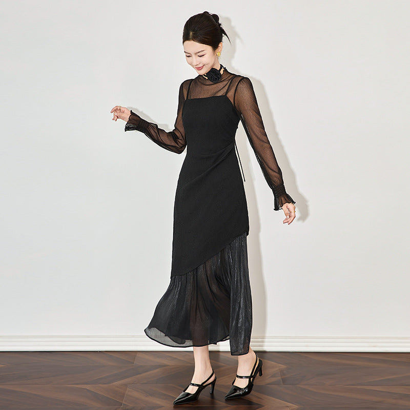 2 Piece-Set Dress Women See-Through Slim Sexy Mini Dress Fashion Long Sleeve Patchwork Autumn 2025 Maxi Dress Sets