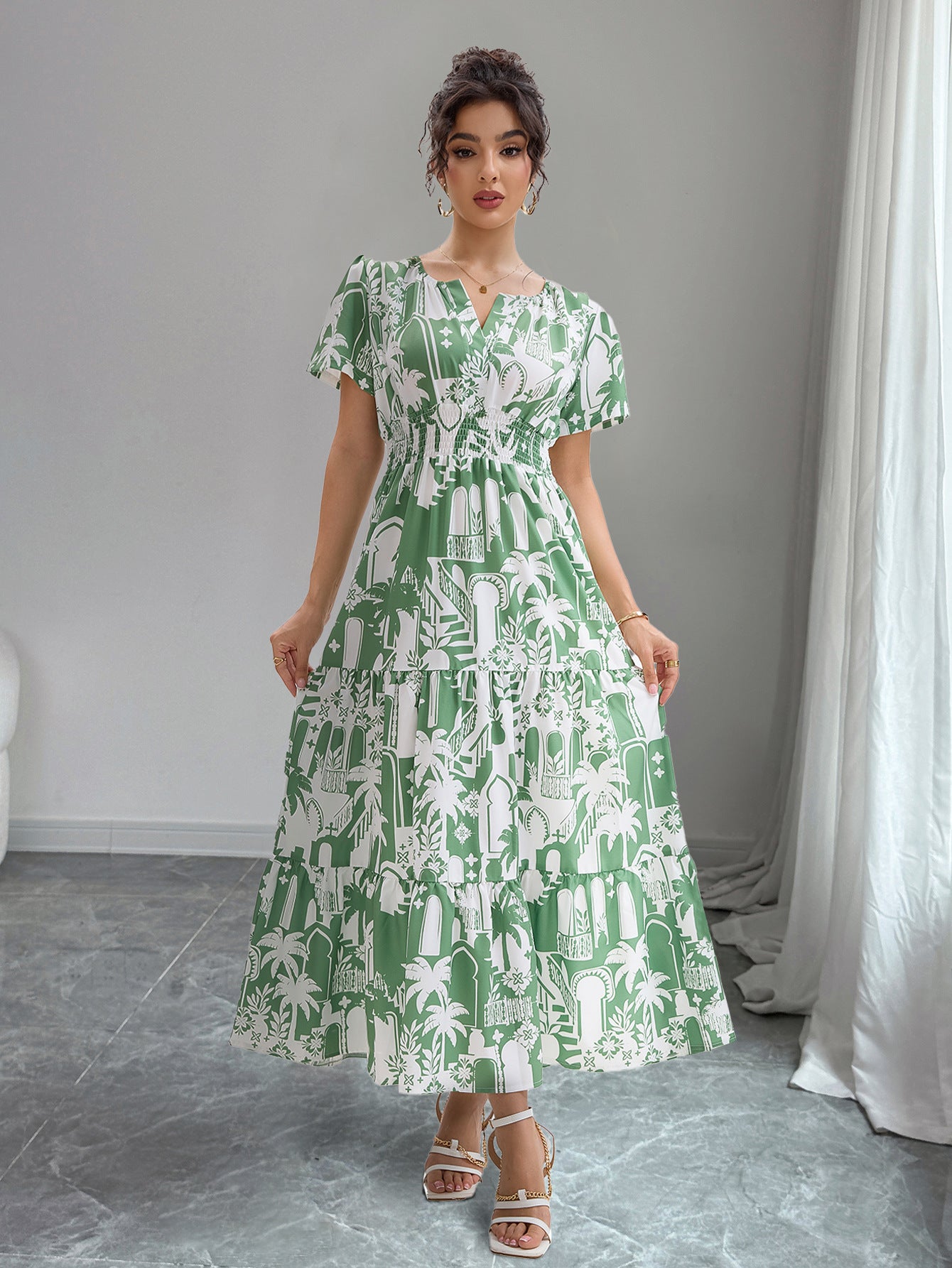 Summer Female Floral Dress Short Flare Sleeve V-neck Fashion Printing Slim Waist Women's Beach Dress Holiday Clothes Green