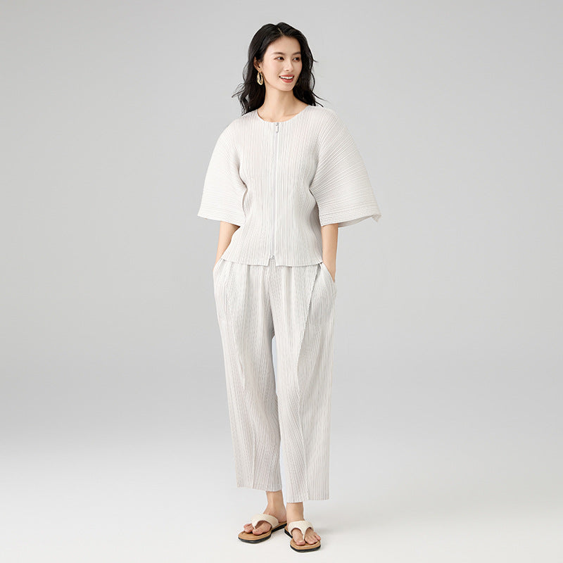 Pleated Deisng Two Pieces Set Women's Round Collar Profile Half Sleeve Zipper Tops And Folded spliced Pants Sets