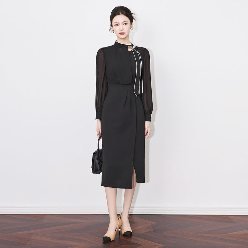 Black Patchwork Mesh Long Sleeve Midi Dress Autumn Winter Pleated Bodycon Prom Clothes Women Korean Vintage Luxury Vestidos