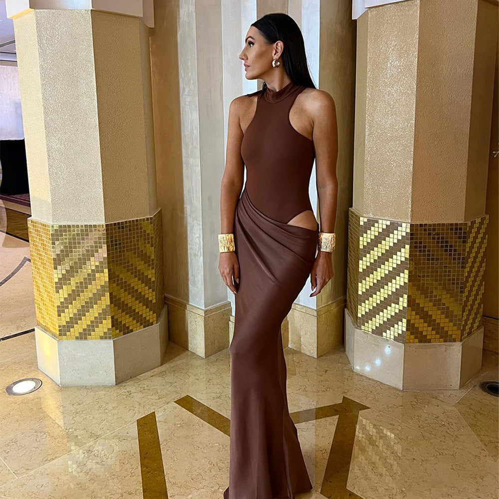 Sexy Hollow Out Women Maxi Dress Black Sleeveless High Waist Dress Female Autumn Skinny Elegant Party Clubwear
