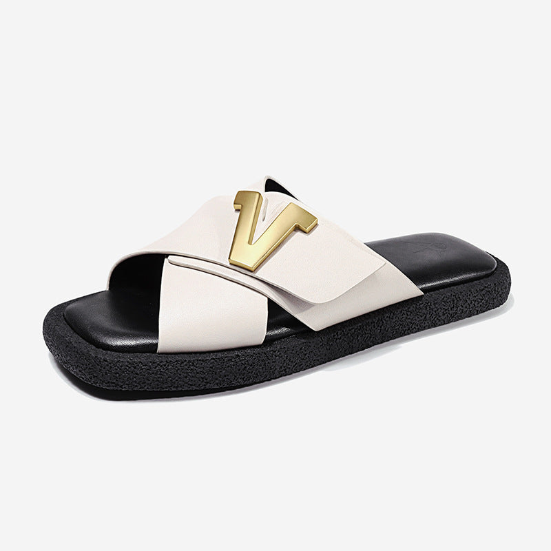 Summer Slippers Womens Lightweight Anti-Slip Genuine Leather Cross Strap Printed PLetter Style Casual Shoes