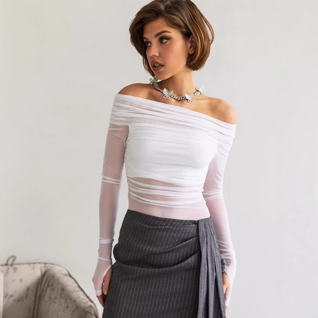 Sexy Perspective Mesh Off Shoulder T Shirt Women Long Sleeves Slash Neck Bottoming Shirt Ladies Tee Shirt