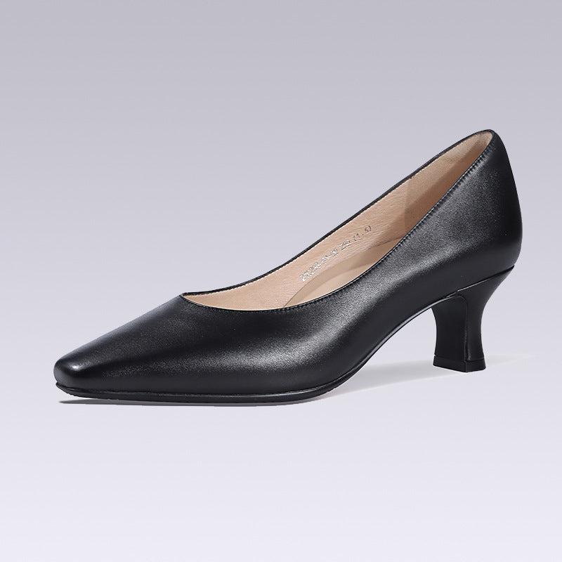 Soft PU Non-slip Single Shoe Work Shoes Women's Pumps Black Professional Interview High Heels Mid Heeled Work Leather Shoes