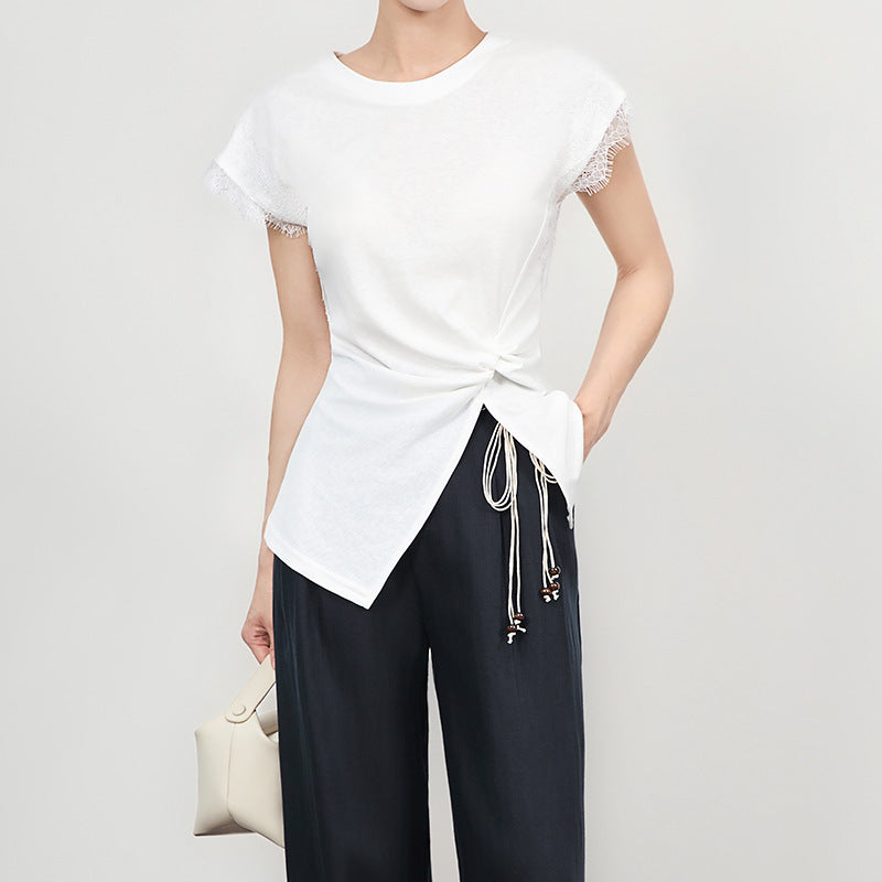 Summer Fashion Cotton Women T Shirt Short Sleeve Lace Patchwork Casual Tees Solid Basics Going Out Female Tops