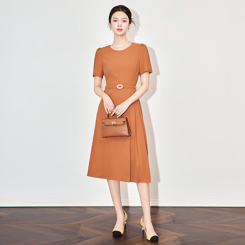 Slimming Effect Waist-Cinching Draped Commute Ready Elegant New Women's Dress Knee-Length round Neck Short Sleeve Dress
