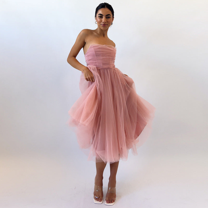 Sleeveless Fishbone Strapless Dress Women's Empire Waist A- Line Skirt Birthday Party Gown Cross-Border New Arrival